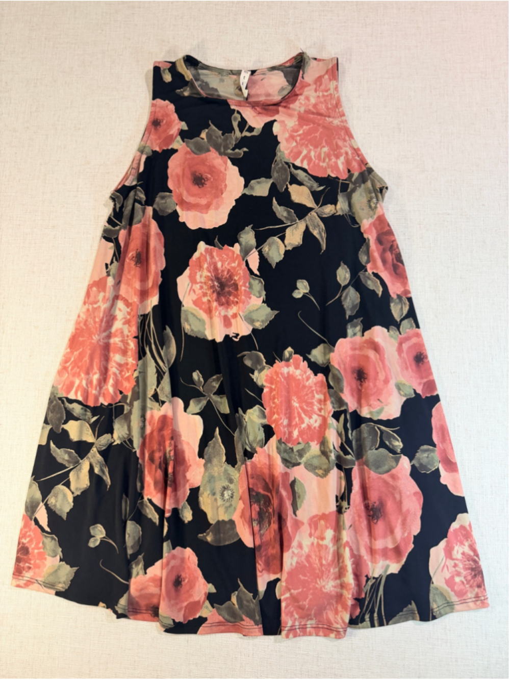 MTS Women’s Floral Sleeveless Swing T-Shirt Dress with Pockets Black Pink L